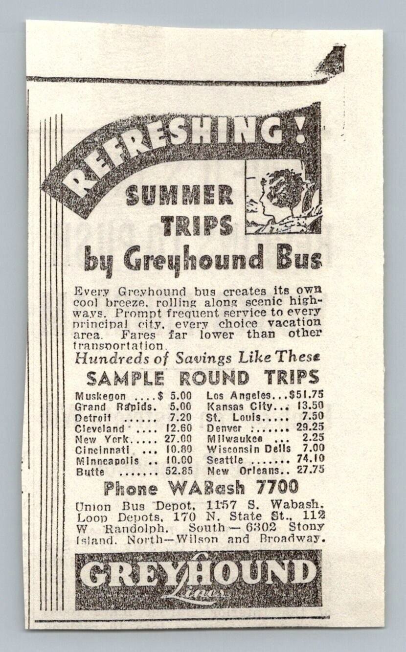 Vintage 1930s Greyhound Bus Travel Print Ad Chicago Summer Trips Ephemera